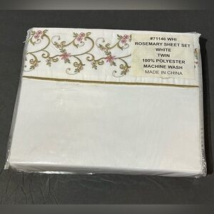 Vintage Twin Sheet Set Rosemary White NIP Embroidered Design Floral